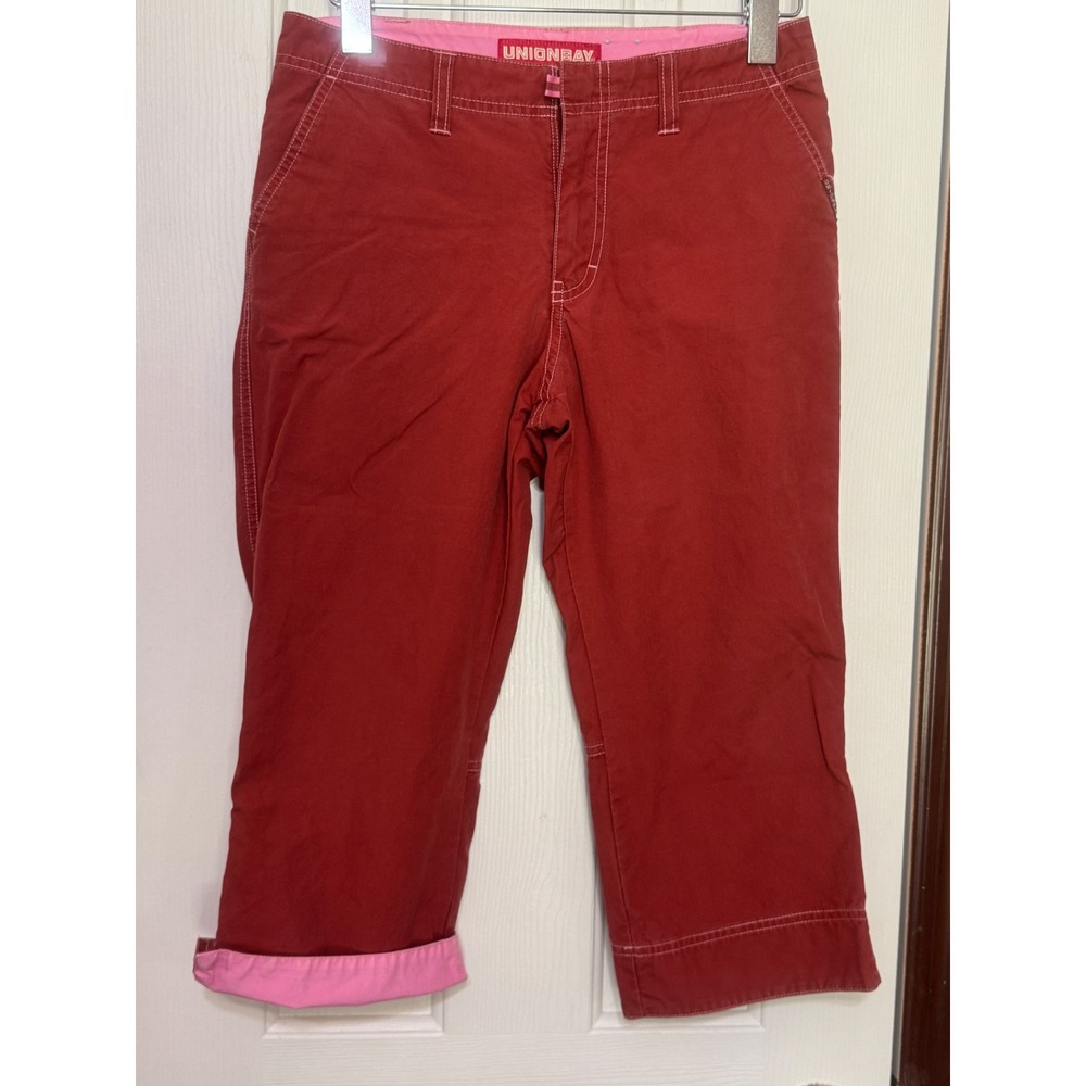 Unionbay Women Brick Red Cropped Capri Pants Pink Trim Y2K Cotton Size 7 JB21576